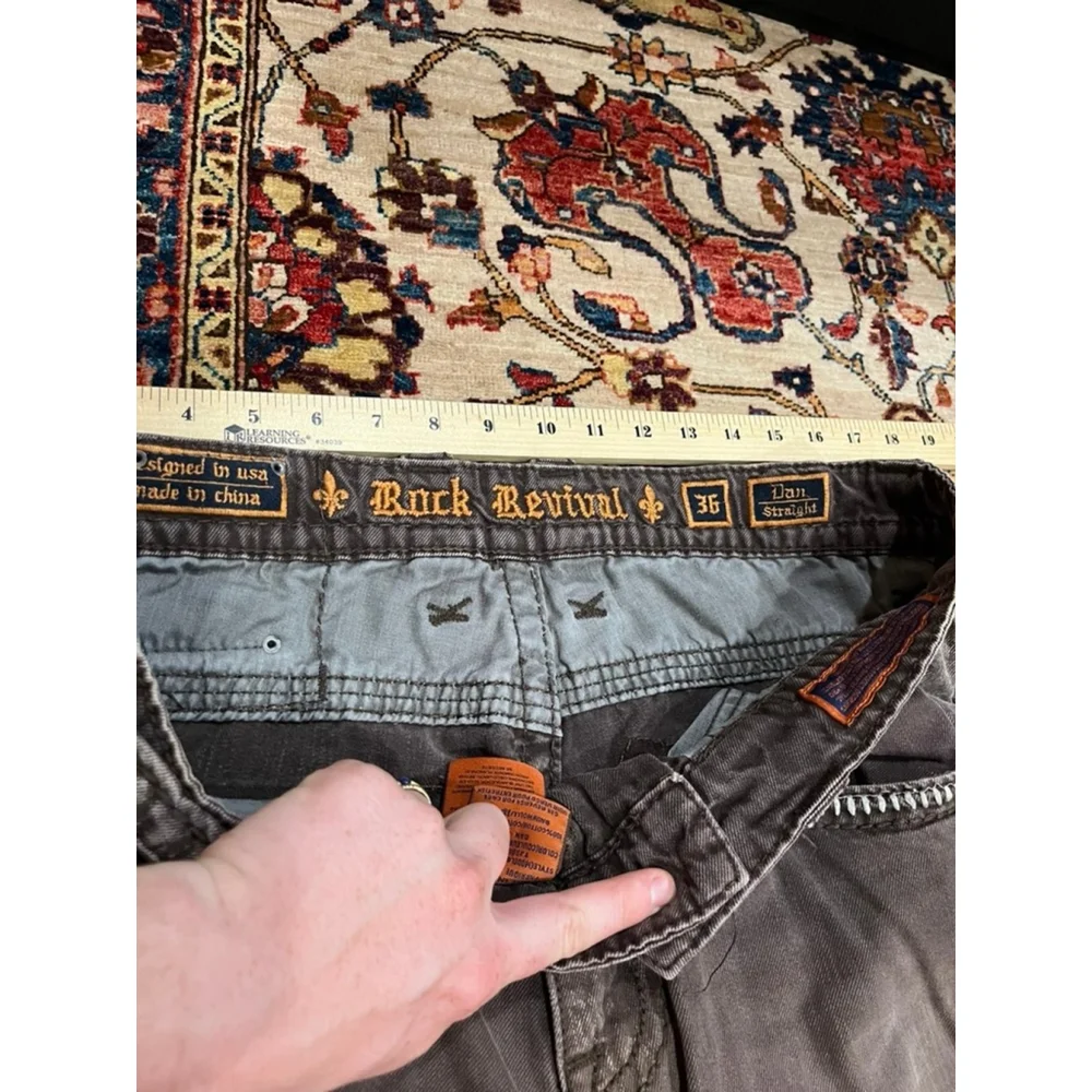 Rock Revival Dan Straight Men’s Jeans Size 36 Brown Distressed Contrast Stitchin